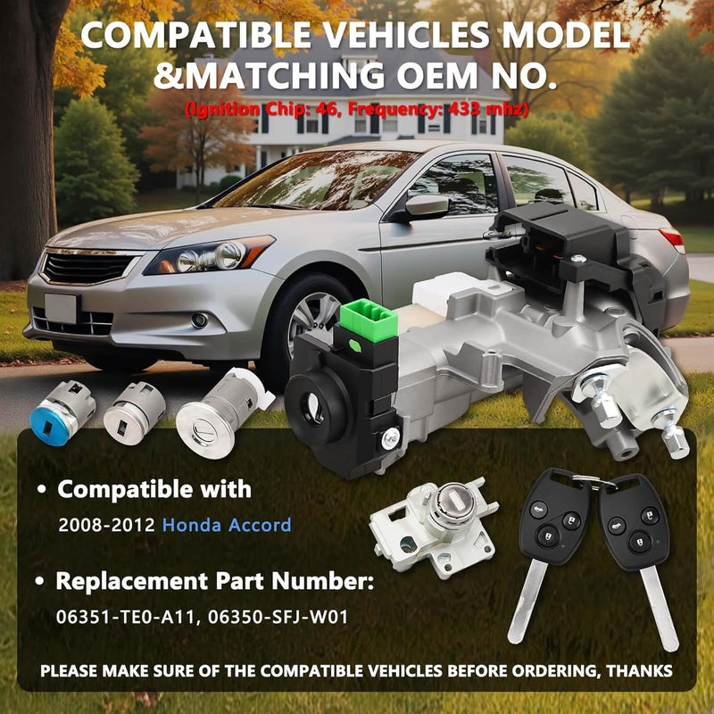 RAMATA 06351-TE0-A11 Ignition Switch Lock Cylinder with Key (with Blank Chip) Compatible with 2008 2009 2010 2011 2012 Honda Accord (Ignition Chip: 46,Frequency: 433mHz) - Image 3